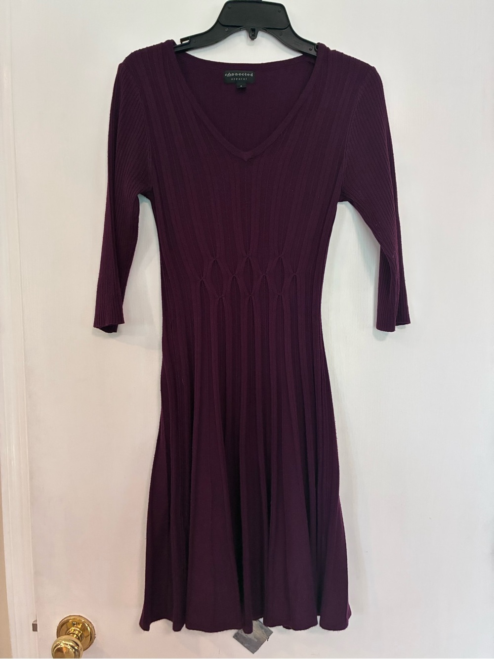 Connected Apparel Plum Ribbed V-Neck 3/4 Sleeve Fit-and-Flare Dress
